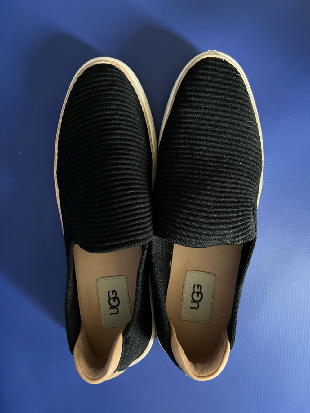 UGG Women's Black Slip-On Corduroy Flats with Tan Trim